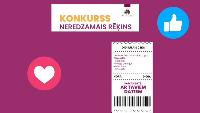 Uz sarkana fona čeks un konkursa nosaukums