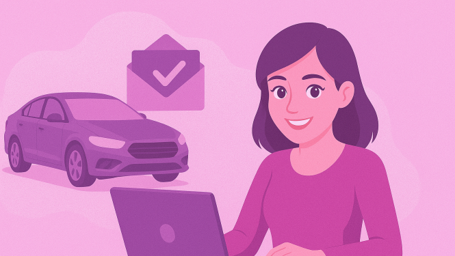 Jauna sieviete pie klēpjdatora, fonā auto un e-pasta ikona, viss rozīgos un lillā toņos