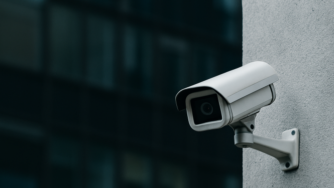 Videonovērošanas kamera uz ēkas sienas pilsētvidē.