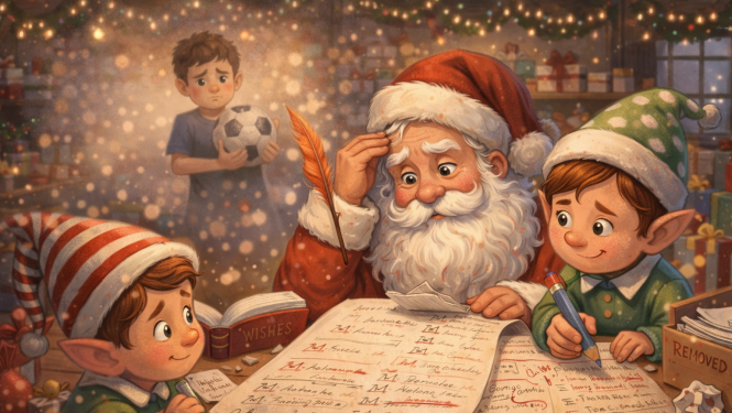 Ziemassvētku vecītis ar diviem rūķiem siltā darbnīcā pārskata lielo dāvanu sarakstu, kamēr fonā kā sapņu tēls redzams skumjš bērns ar bumbu rokās, simbolizējot neprecīzu datu sekas.
