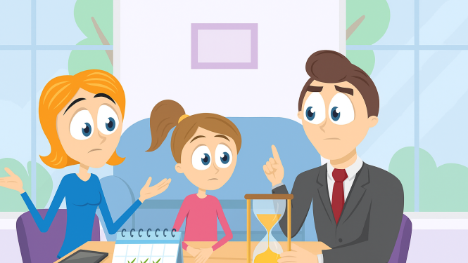 Ilustrācija ar trīs cilvēkiem pie galda – vīrieti uzvalkā ar smilšu pulksteni rokās, sievieti, kas rausta plecus, un bērnu. Uz galda redzams kalendārs un planšete. 