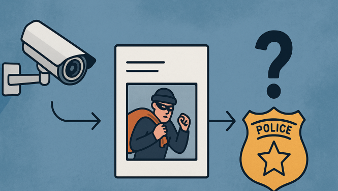 Videonovērošanas kamera, noziedznieks ar masku un somu dokumentā, bultiņa uz policijas emblēmu ar jautājuma zīmi virs tās.