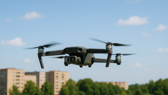 Melns drons ar kameru lido gaisā virs daudzdzīvokļu ēkām un zaļas ainavas, fonā zilas debesis ar mākoņiem