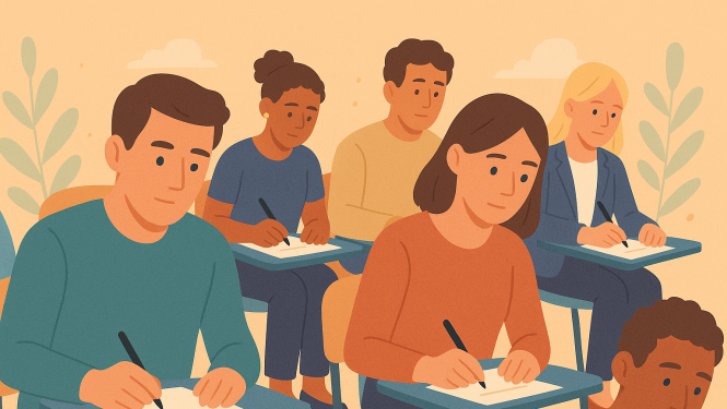 Cilvēki sēž klasē pie galdiņiem un raksta eksāmenu, fonā gaišs interjers ar stilizētiem augiem un mākoņiem