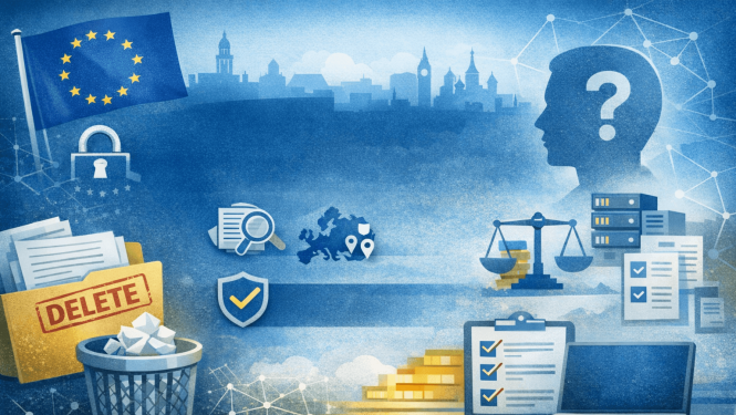 Ilustrācija zilgani dzeltenā tonī par datu dzēšanas un privātuma tēmu Eiropā. Kreisajā pusē redzams Eiropas Savienības karogs un papīru kaudze atkritumu grozā.