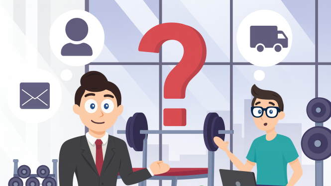 Divi cilvēki sporta zālē diskutē – viens uzvalkā, otrs sporta apģērbā ar klēpjdatoru. Starp viņiem liels jautājuma zīmes simbols. Fonā redzami trenažieri un lielie logi ar pilsētas skatu.