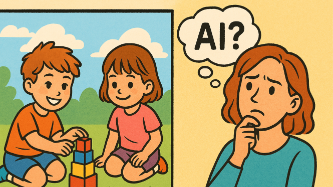 Sieviete ar domīgu sejas izteiksmi raugās uz attēlu, kurā redzami divi bērni, kuri rotaļājas parkā. Blakus ir burbulis ar uzrakstu “AI?”, norādot uz viņas šaubām vai jautājumiem par to, vai attēls ir ģenerēts ar mākslīgā intelekta palīdzību.
