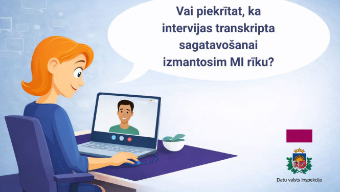 Ilustrācija, kurā sieviete attālinātas darba intervijas laikā sarunājas ar kandidātu videozvanā