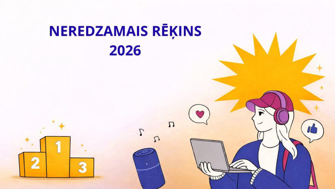 Ilustrācija ar uzrakstu “Neredzamais rēķins 2026”, kur redzama jauniete ar austiņām, kas lieto portatīvo datoru; apkārt ir sociālo tīklu un mūzikas simboli, kā arī uzvarētāju pjedestāls ar 1., 2. un 3. vietu.