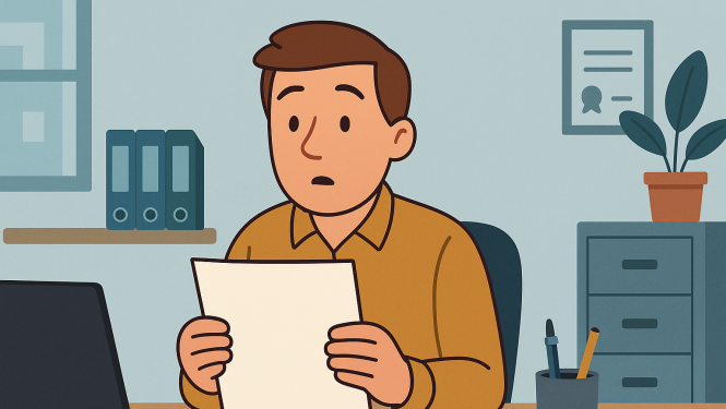 Cilvēks birojā sēž pie galda ar klēpjdatoru un skatās uz lapu savās rokās. Viņam ir viegli pārsteigts skatiens.