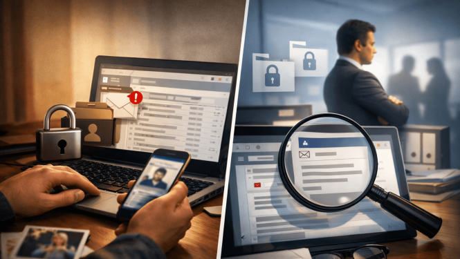 Darbinieks pie datora ar atvērtu darba e-pastu un personisku ierīci rokās; blakus redzama e-pasta satura pārbaude ar palielināmo stiklu un drošības simboliem, kas ataino uzraudzību, piekļuvi datiem un privātuma jautājumus darba vidē.
