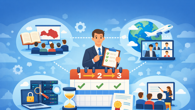 Ilustrācija ar cilvēku un kontrolsarakstu, apkārt attēlotas dažādas mācības un profesionālā attīstība trīs gadu periodā.