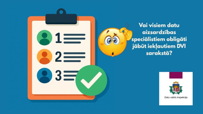 Attēlā redzams jautājums: “Vai visiem datu aizsardzības speciālistiem obligāti jābūt iekļautiem DVI sarakstā?”, blakus ilustrācija ar sarakstu uz klipša, trīs cilvēku ikonām un zaļu "pārbaudes" zīmi,