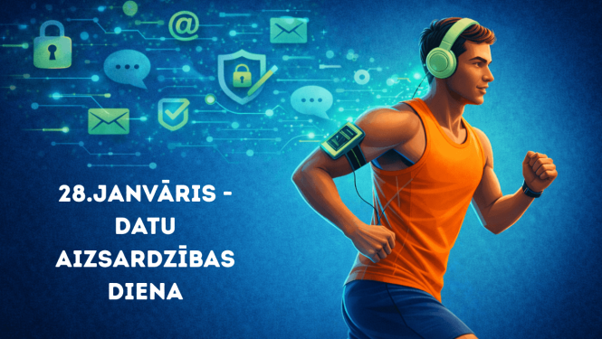 Ilustrācija ar skrienošu jaunieti sporta apģērbā un austiņās, ar viedtālruni uz rokas. No austiņām un telefona vizuāli plūst digitāli simboli