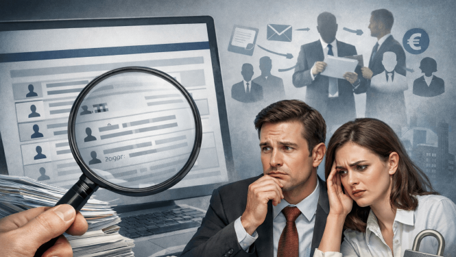 Uzņēmumu datu publiskas pieejamības un privātuma risku ilustrācija: satraukti uzņēmuma pārstāvji, palielināmais stikls pār digitāliem personas datiem un simboliski drošības un finanšu elementi.