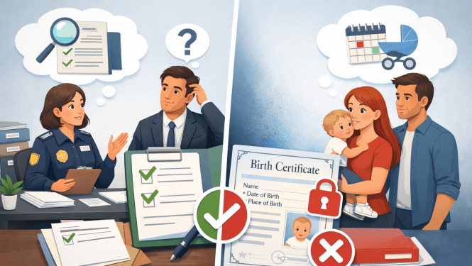 Darbinieks un darba devējs apspriež dokumentu pārbaudi, kamēr otrā pusē attēlota ģimene ar bērnu un dokuments, simbolizējot personas datu apstrādi un privātuma aizsardzību.