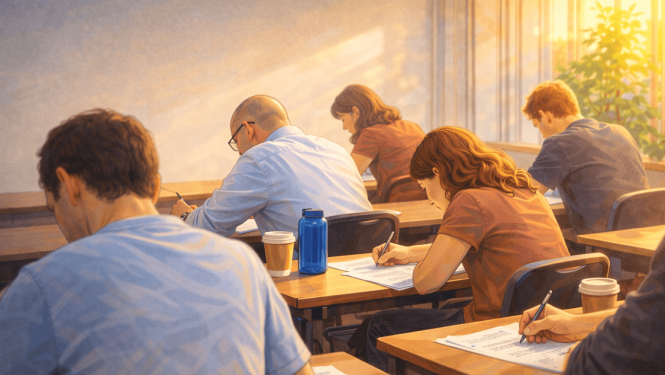 Saulainā telpā vairāki cilvēki sēž atsevišķos solos un koncentrēti raksta eksāmena darbu