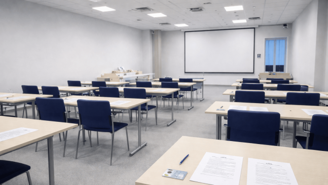 "Plaša, gaiša eksāmena telpa ar vairākām rindās izvietotām galdiem un krēsliem. Uz galdiem novietotas papīra lapas, pildspalvas un personu apliecinošs dokuments.