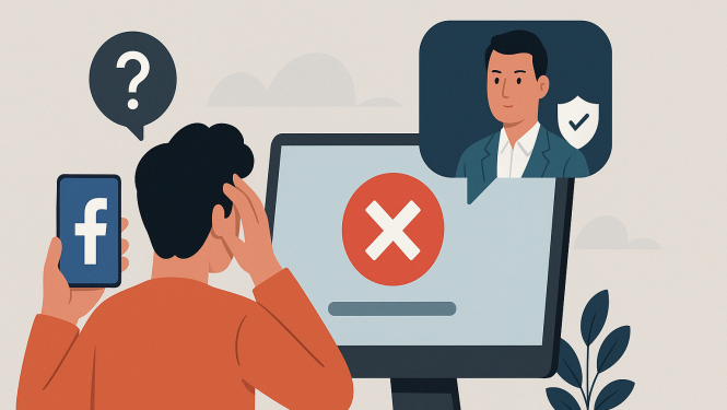 Cilvēks skatās uz telefonu ar Facebook logotipu un datoru, kurā redzams kļūdas simbols un svešas personas profils