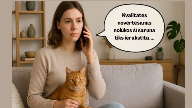 Sieviete sēž uz dīvāna, klēpī ruds kaķis. Sieviete runā pa telefonu. 