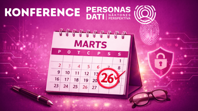 Ilustrācija rozā toņos ar galda kalendāru martam. Kalendārā skaidri izcelts 26. marts, kas apvilkts ar sarkanu apli un atzīmēts ar ķeksīti. Fonā redzami stilizēti digitāli elementi un pirksta nospieduma motīvs, priekšplānā – pildspalva un brilles.