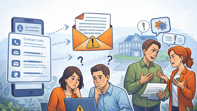 Ilustrācija, kurā redzami vecāki, kas ar bažām lasa e-pastu datorā, fonā skolas ēka un darbinieki, kas strīdas. Attēlā simboliski parādīta vecāku kontaktinformācijas izmantošana iekšēju konfliktu risināšanai skolā.