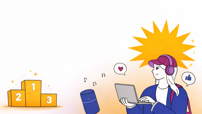 Ilustrācija ar trīs pakāpju uzvarētāju pjedestālu (1., 2., 3. vieta) kreisajā pusē un jaunieti ar austiņām, kas lieto portatīvo datoru, labajā pusē. Starp tiem redzams viedais skaļrunis ar mūzikas notīm, bet fonā – silts dzelteni oranžs akcents.