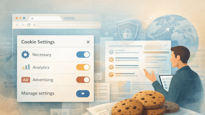 Ilustrācija ar tīmekļa vietnes iestatījumu vidi, kur redzami dažādu datu apstrādes veidu slēdži, dokumentu slāņi un cilvēks, kas pārskata informāciju digitālā ierīcē