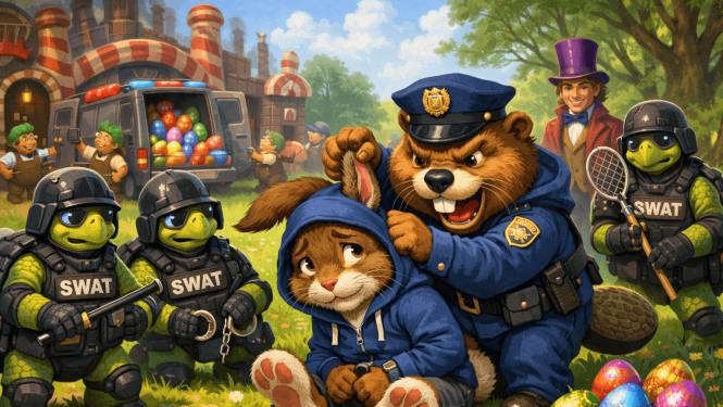 Animēta Lieldienu ilustrācija: policists-bebrs aiztur zaķi kapucē, kam apkārt stāv bruņurupuči policijas ekipējumā, fonā šokolādes fabrika, krāsainas Lieldienu olas un fantāzijas tēli.