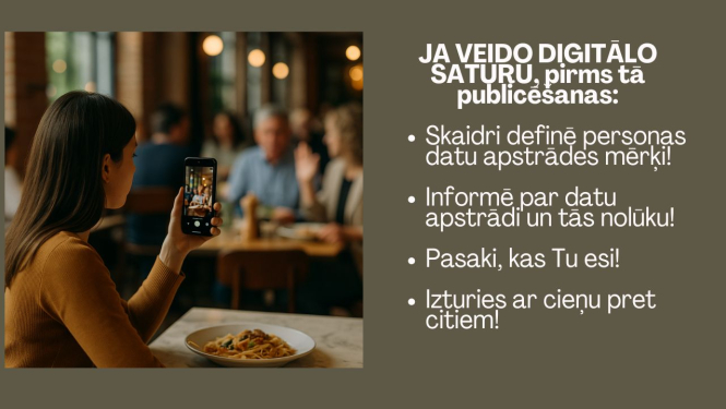 Meitene restorānā filmē citus cilvēkus, kuri sēž pie blakus galdiņa