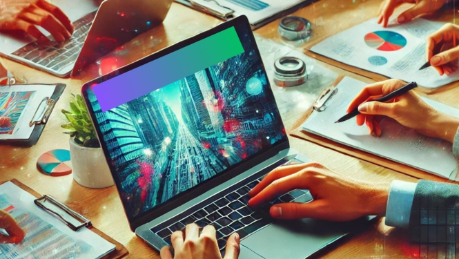 Cilvēki sēž pie darba galda, redzamas rookas, dators, dokumenti