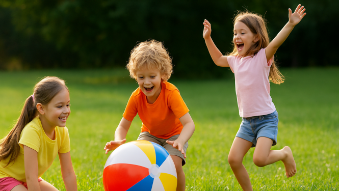 Trīs bērni rotaļājas saulainā pļavā ar košu, svītrainu pludmales bumbu – viens bērns tup un smaida, otrs- driblē, trešais lēkā ar paceltām rokām, apkārt zaļa zāle un fonā koku silueti.
