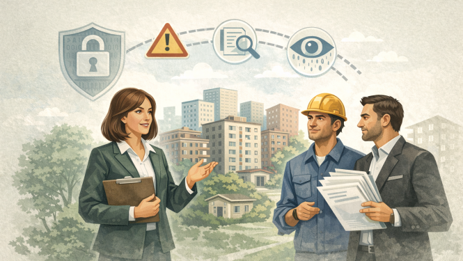  Dzīvojamo namu fons, sieviete sarunājas ar apsaimniekotājiem, simbolizējot preventīvu pārbaudi un profesionālu sadarbību personas datu apstrādes jomā