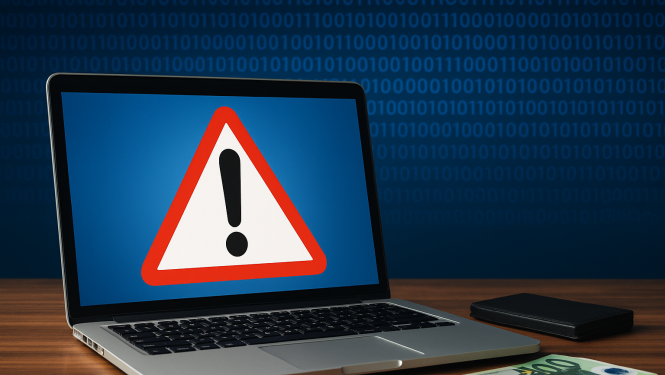 Klēpjdators ar brīdinājuma simbolu – sarkanu trijstūri ar izsaukuma zīmi –, kas simbolizē datu aizsardzības pārkāpumu