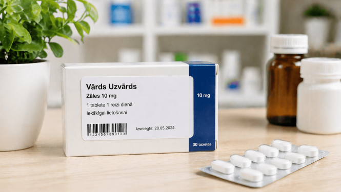 Recepšu zāļu iepakojums ar uzlīmi, uz kuras redzams pacienta vārds un lietošanas informācija, novietots uz galda aptiekas vidē.