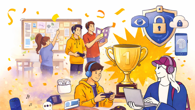 Ilustrācija ar jauniešiem, kas izmanto digitālās ierīces, sadarbojas un svin uzvaru konkursā, fonā redzama trofeja un tehnoloģiju simboli.