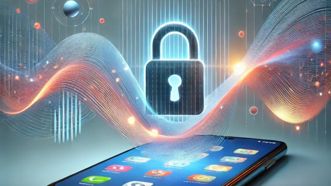 Stilizēts attēls ar viedtālruni, virs kura redzama digitāla piekaramā atslēga un viļņveida datu plūsmas, simbolizējot kiberdrošību un datu aizsardzību.
