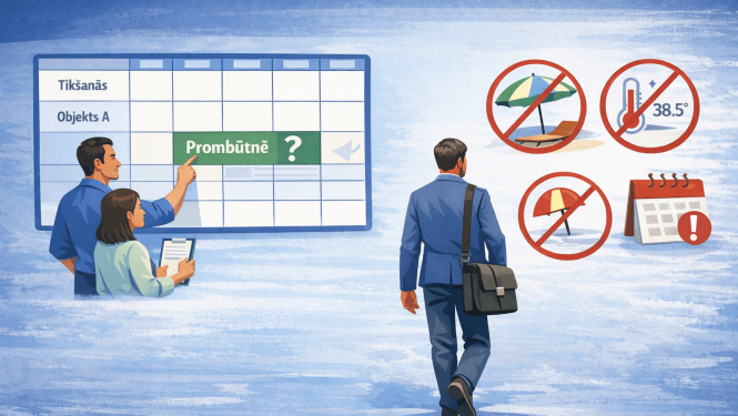 Darba kalendārs ar atzīmi par darbinieka prombūtni, pie kura stāv divi kolēģi un skatās grafikā. Labajā pusē redzams prom ejošs vīrietis ar portfeli, bet blakus attēloti vairāki nosvītroti simboli (pludmale ar saulessargu, termometrs, lietussargs un kalendārs).