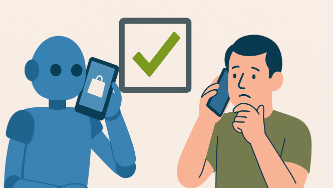 Cilvēks runā pa telefonu ar robotu, starp viņiem redzams zaļš atzīmes simbols, kas norāda uz piekrišanu automatizētiem zvaniem.