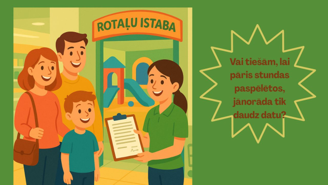 Rotaļu istaba. Bērns, vecāki un darbiniece kura lūdz noslēgt līgumu. 