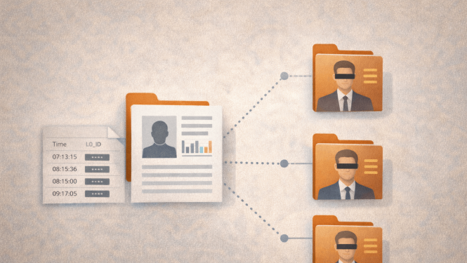 Kreisajā pusē redzama stilizēta personas datu lapa ar siluetu un diagrammas joslām, aiz tās - vēl viena mape