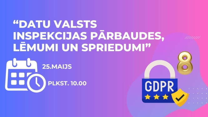 Attēls ar uzrakstu “Datu valsts inspekcijas pārbaudes, lēmumi un spriedumi”. Norādīts datums 25. maijs un laiks plkst. 10.00. Attēlā redzamas kalendāra un pulksteņa ikonas, kā arī GDPR simbolika ar slēdzeni un vairogu.