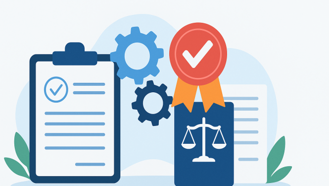 Ilustrācija, kurā redzama kontrolsaraksta planšete, zobrati, juridisks dokuments ar taisnīguma simbolu un sertifikāta emblēma ar atzīmi, kas simbolizē atbilstību un uzticamību.