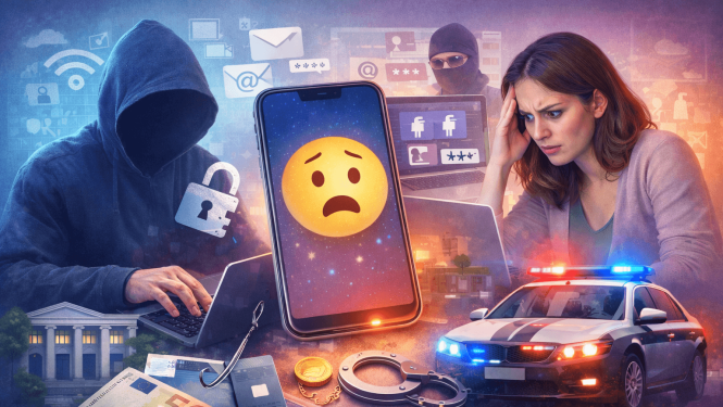 Ilustrācija, kas simboliski attēlo personas digitālās drošības apdraudējumu – viedierīces, e-pasta un tiešsaistes kontu aizsardzību, kā arī cilvēka satraukumu par nesankcionētu piekļuvi personīgai informācijai.