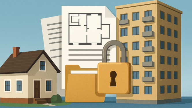 Ilustrācija ar privātmāju, daudzdzīvokļu ēku, būvprojekta plānu un mapīti ar piekļuves slēdzeni, simbolizējot būvniecības dokumentāciju un datu aizsardzību.