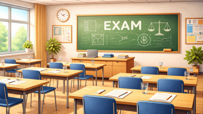 Gaiša klases telpa ar rindās izvietotiem koka galdiem un zilām krēsliem. Uz galdiem atvērtas burtnīcas un glāzes ar ūdeni, priekšā galds un liela tāfele pie sienas, telpā ieplūst dienasgaisma no loga