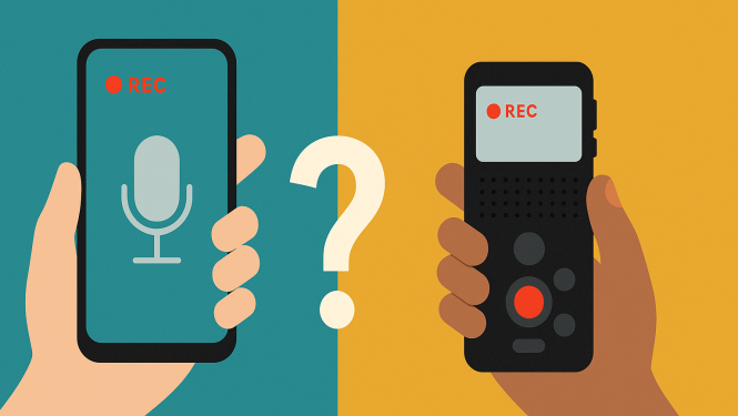 Divas rokas tur ierakstīšanas ierīces — viedtālruni un diktofonu — ar jautājuma zīmi starp tām; uz abām redzams “REC”