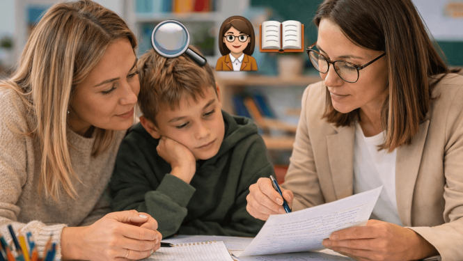 Skolotāja klasē kopā ar māti un skolēnu apskata pārbaudes darbu, norādot uz labojumiem un pārrunājot skolēna sniegumu