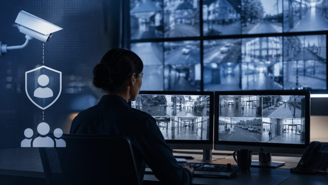 Persona sēž pie vairākiem monitoriem un novēro videonovērošanas kameru tiešraides no dažādām publiskām vietām.
