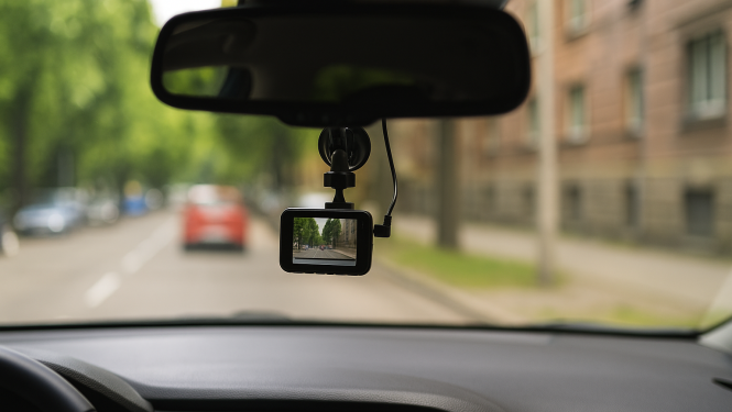 Skats no automašīnas salona uz ceļu caur priekšējo stiklu ar videoreģistratoru, kas filmē satiksmi pilsētā.